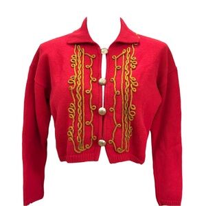 RARE Ellen Tracy VTG 80s Red & Gold Knit Wool Band Military MJ Cropped Cardigan